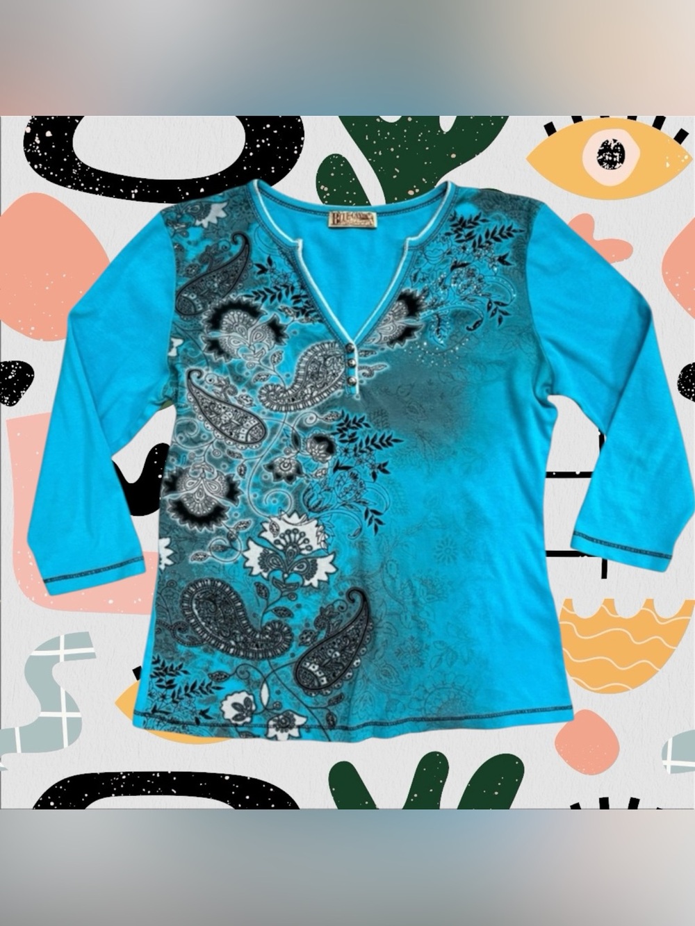 Blue Canyon | Vintage Y2K Blue Paisley Floral Print Rhinestone Half Sleeve Top